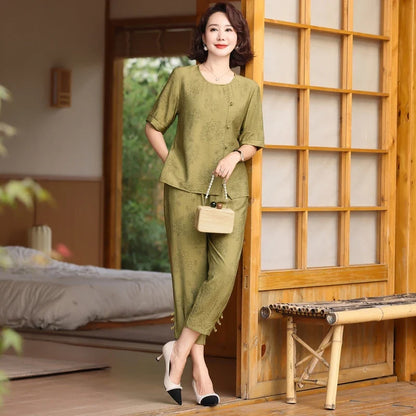 Fake Button T-shirt+pants Summer Embossed Knit Set Women's Fashion Casual Set Short Sleeved Classic Tops 2024 Plus Size Women