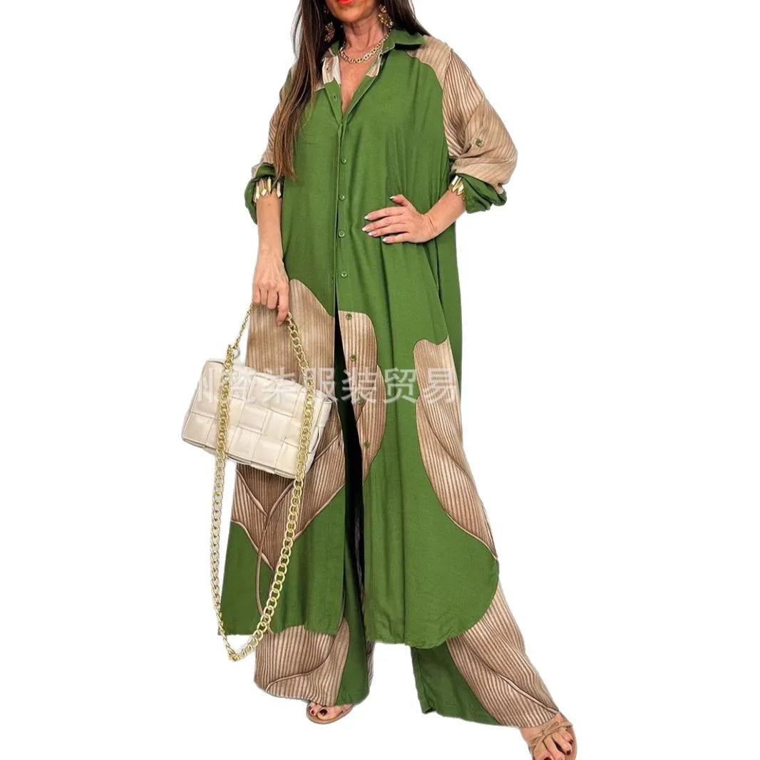 Fashion Loose Printed Long Sleeve 2-piece Set Women's Single-breasted Cardigan Robe Wide-leg Pants Casual Two-piece Outfit Woman
