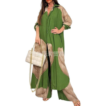 Fashion Loose Printed Long Sleeve 2-piece Set Women's Single-breasted Cardigan Robe Wide-leg Pants Casual Two-piece Outfit Woman
