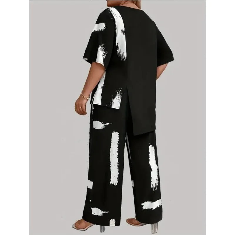 Plus Size Womens Brush Print Elegance  Short Sleeve Round Neck Split Top & Matching Pants 2 Piece Outfit Set