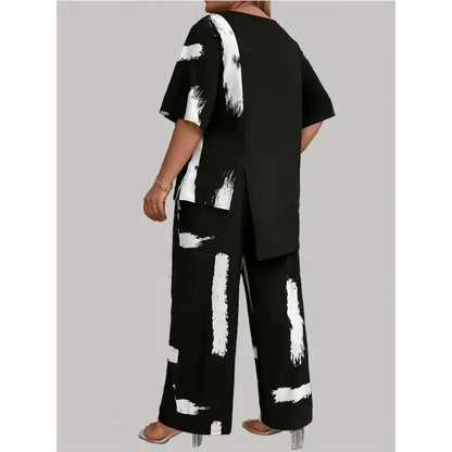 Plus Size Womens Brush Print Elegance  Short Sleeve Round Neck Split Top & Matching Pants 2 Piece Outfit Set