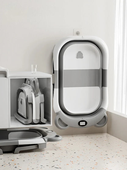 Portable Travel Bathtub, Collapsible Baby Bathtub, with Thermometer &1Soft Floating Cushion, with Drain Hole,For Baby 0-36 Month