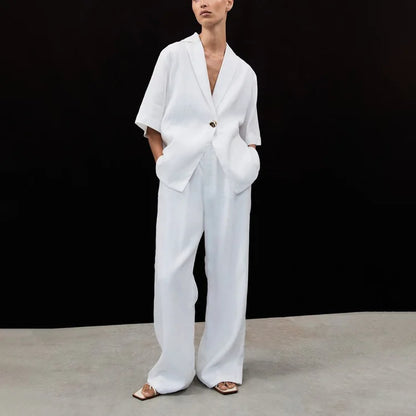 2026 New Cotton Turn-Down Collar Half-Sleeve Top Wide-Leg Pants Two-Piece Set Women, Simple And Fashionable Commuting Outfit For
