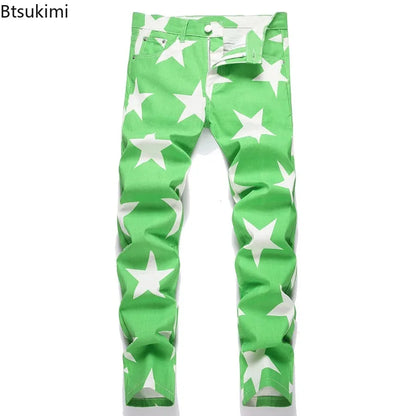 2026 New Fashion Men Clothing Stars Print Jeans Y2K Fancy Color Stretch Cotton Denim Pants Spring Trendy Slim Straight Trousers