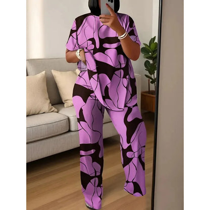 Conjuntos Femininos Summer Short-sleeved Fashion Print Suit Women's Round Neck Large Size T-shirt Wide-leg Trousers 2 Piece Suit