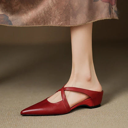 2026 New Summer Women Mules Genuine Leather Women Shoes Pointed Toe Low Heel Cover Toe Slingback Modern Slippers Ladies Shoes