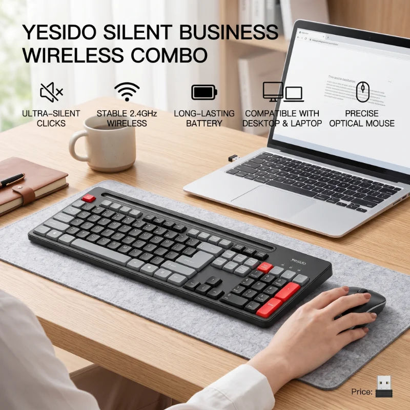 Portable USB Wireless Keyboard and Silent Mouse Set for Home, Office, and Gaming Use