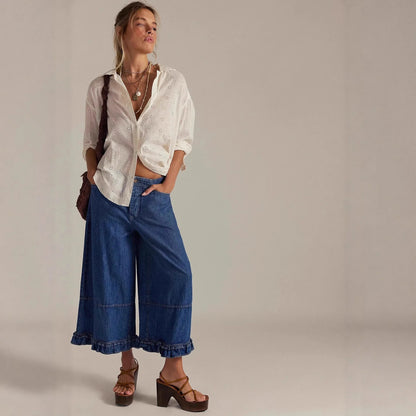 Women Baggy Wide Leg Denim Cropped Pants Vintage Y2k Pleated Ruffle Hem Elastic Low Rise Loose Fit Jeans with Pockets