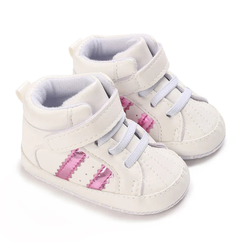 Baby Learning Walk Shoes, Striped PU Sports Shoes for Infants 0-18M, Soft Sole Lightweight Casual Footwear