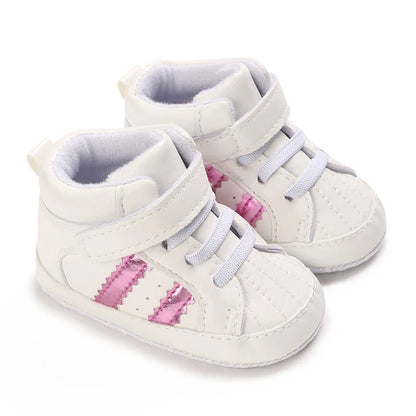 Baby Learning Walk Shoes, Striped PU Sports Shoes for Infants 0-18M, Soft Sole Lightweight Casual Footwear