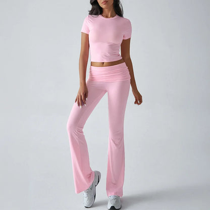 Women's Sexy Tops Suits 2026 Summer Latest Casual Solid Color Yoga Suit Slim Fit Sports Short Sleeved Pants Two-Piece Set Outfit