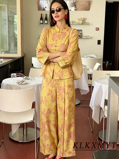 Women Fashion Flower Print Sets Sexy Long Sleeve Frog Button Decoration Top+Wide-Leg Pants Summer Autumn Vacation New 2 Pieces