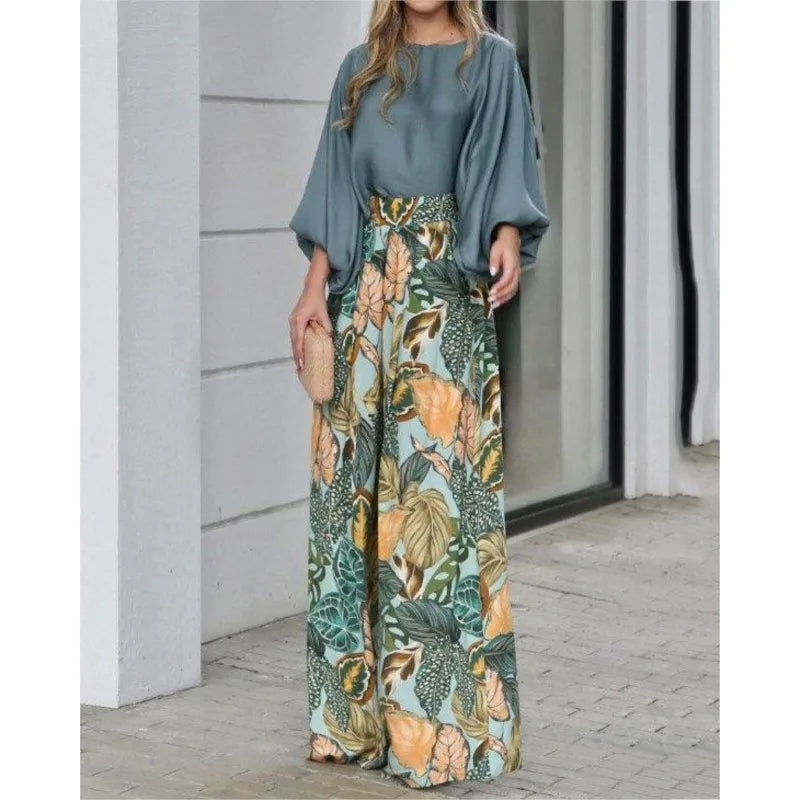 New Women's Clothing Set Lantern Sleeves Loose Top Printed Wide Leg Pants Two Piece Set Casual Ladies Trouser Outfit 2025 Summer