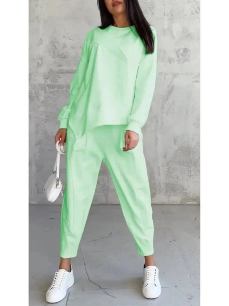 Autumn Winter Solid Color Casual Loose Irregular Long Sleeve Hoodie Women's Suit Fashion Simple Harun Pants Female 2 Piece Set