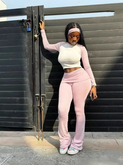 FAGADOER Casual 2 Pieces Set for Woman Long Sleeve Round Neck T-Shirt and High Waist Pants Matching Tracksuits Female Sportswear