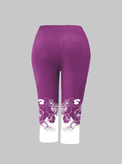 Plus Size Ladies Suit Round Neck Summer Leisure Butterfly Print Round-Neck Short-Sleeved T-Shirt Printed Pants Two-Piece Set