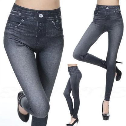1pcs Women's Denim Print Leggings Females Fashion Slim Leggings Faux