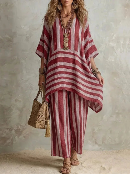 2026 New Women's Two Piece Spring/Summer Fashion V-neck Loose Striped Casual Set