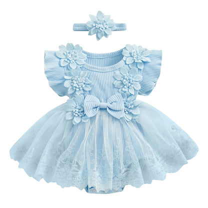 3D Flower Summer Baby Girls Romper Princess Mesh Newborn Clothes Lace Patchwork Ruffle Bodysuit Dress Headband Kids Clothing