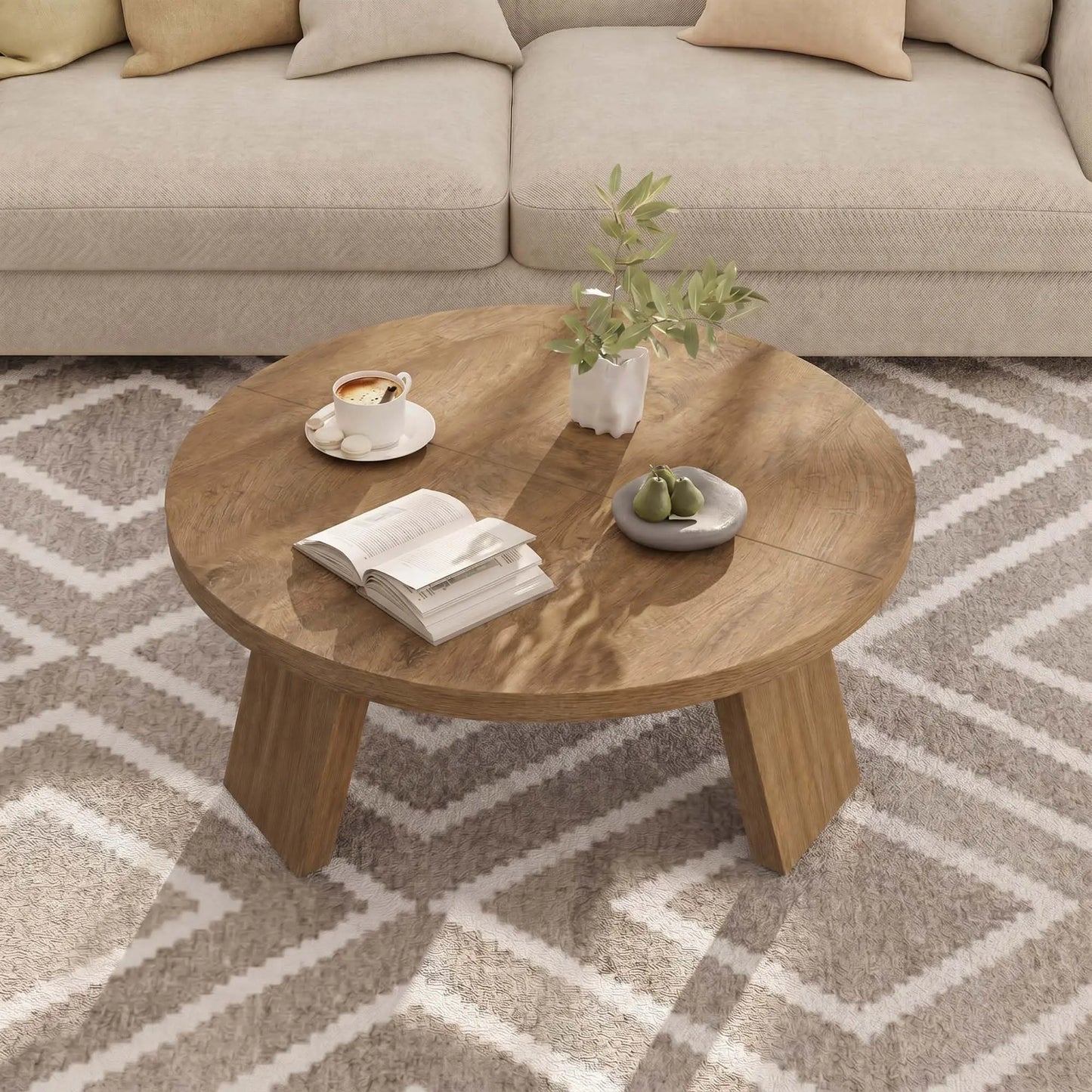 33.5 Inch Round Coffee Table For Living Room, Modern Center Table With Wood Grain Top and Angled Legs For Apartment