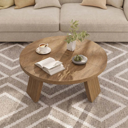 33.5 Inch Round Coffee Table For Living Room, Modern Center Table With Wood Grain Top and Angled Legs For Apartment