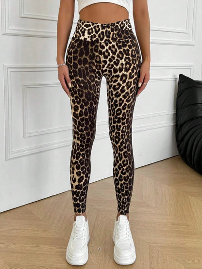 Women High Waist Leopard Print Leggings Stretch Slim Ankle Pants Casual Streetwear Workout Yoga Skinny Trousers