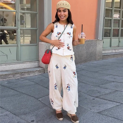 Casual Print Top Pants Women Set Elegant O-neck Sleeveless Button Vest Wide Leg Trousers 2026 Summer Beach Lady Outfit Suit