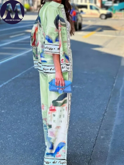 Women's Summer 2-Piece Set Elegant Printed Top & Casual Loose Wide Leg Pants Ensemble with Half Sleeve Fashionable