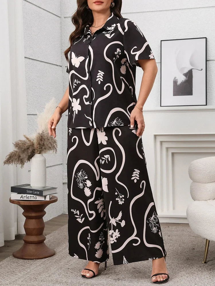 GIBSIE Plus Size Women's Casual Pants Sets Printing Loose Short-sleeved Shirts And Wide-leg Trousers Woman Two Piece Outfits