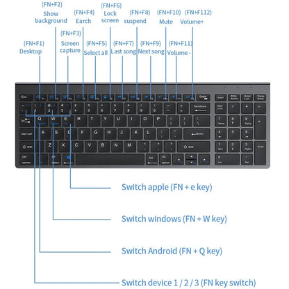 Wireless Keyboard Bluetooth 5.0&3.0&2.4G FN+1/2/3 Dual-Mode 350mAh Ultra Thin Keyboards for Laptop PC TV iPad Macbook Android