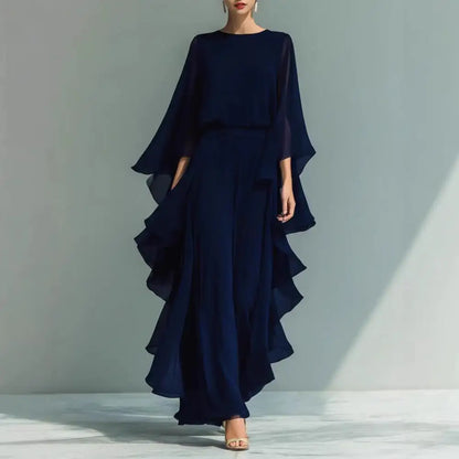 Women Top Pants Two-Piece Set Summer Loose Fit Casual Ruffle Bell Sleeve Shirt Solid Color Wide Legs Pants Trousers