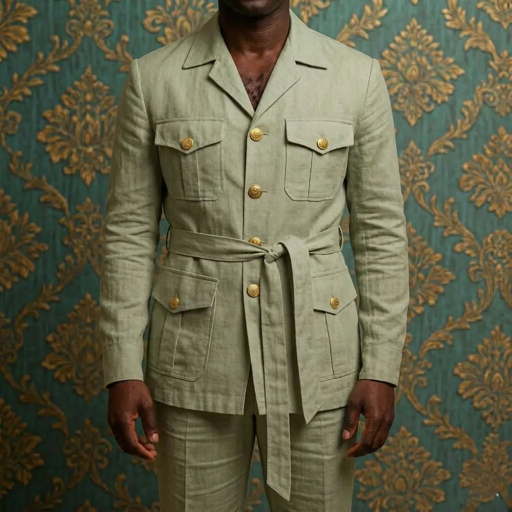 Mens Off White Linen Safari Suits 2 Piece Notched Lapel Prom Suit with Belt Gold Buttons Multi Pockets Beach Summer Wedding