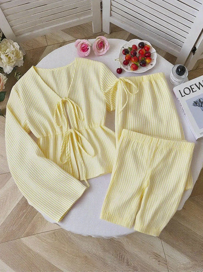 2026 Summer Two Piece Set Women Striped V Neck Lace Up Sleeveless Blouse High Waist Wide Leg Pants Suits Sweet Casual Tracksuits