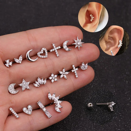 1PC Korean Stainless Steel Mini Zircon Cartilage Ear Stud Earrings For Women Moon Cross Flowers Helix Tragus Piercing Jewelry