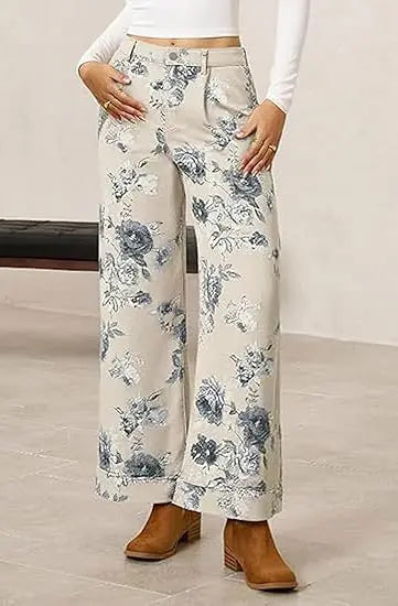New Spring and Autumn Women's Loose Denim Flower Print Denim Pants Wide-leg Pants