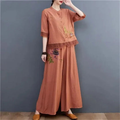 Spring Summer Women Leisure Large Size 5XL 2PCS Middle Aged Mother Mother Cotton Linen Suit 2025 Female Embroidery Two-piece Set