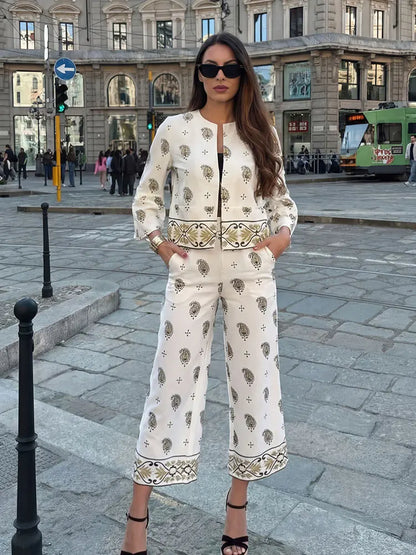 HH Women's Print 2 Piece Set Bell Sleeve Open Front Blouse & Wide Leg Pants Suit For Women Casual Daily Holiday Boho Outfits