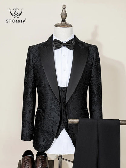 ST Cassy High Quality Luxury Men's Suit 3 Piece Set Dinner Black Party Tuxedo Banquet Attire Fashion Male Groom Wedding