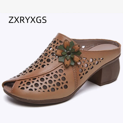 2026 New Summer Thick Bottom Slope with High Heel Slippers Genuine Leather Sandals Flowers Hollow Women Shoes Fashion Sandals