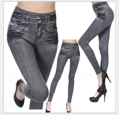 1pcs Women's Denim Print Leggings Females Fashion Slim Leggings Faux