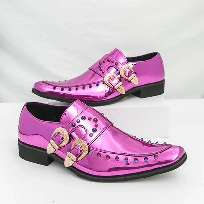 2026 New Gold Men Dress Shoes Rivet Breathable Square Toe Double Buckle Party Fashion Handmade Free Shipping Chelsea Men Loafers
