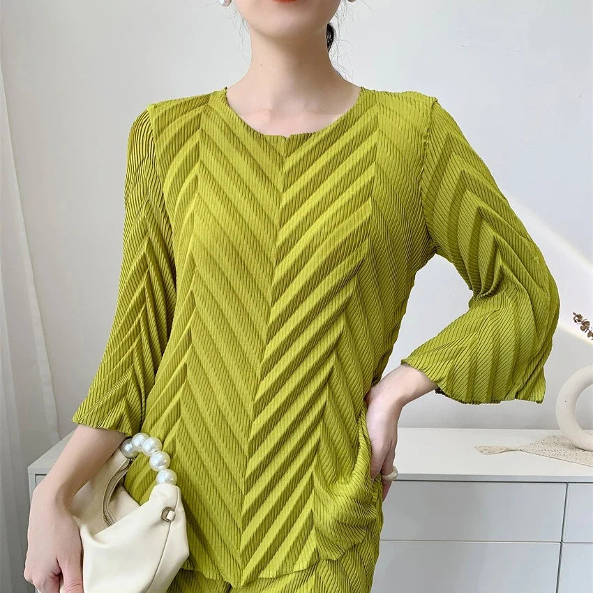 2026 Spring New Women Handmade Pleated Pants Set Comfortable Casual Seven Sleeve T-Shirt Top Loose Wide Leg Pants 2 Piece Set