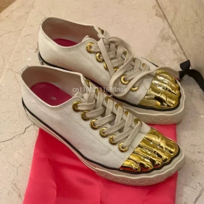 Golden Toe Board Shoes for Both Men and Women, High-end Street Dance Performance Shoes, Adult Lace Up Flat Canvas Shoes