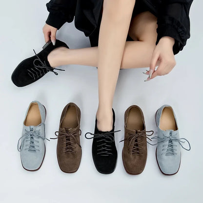 Women Loafer Lace-up 2025 New Spring Shoes Women Suede Genuine Leather Women Oxford Shoes Large Size British Style Women Shoes