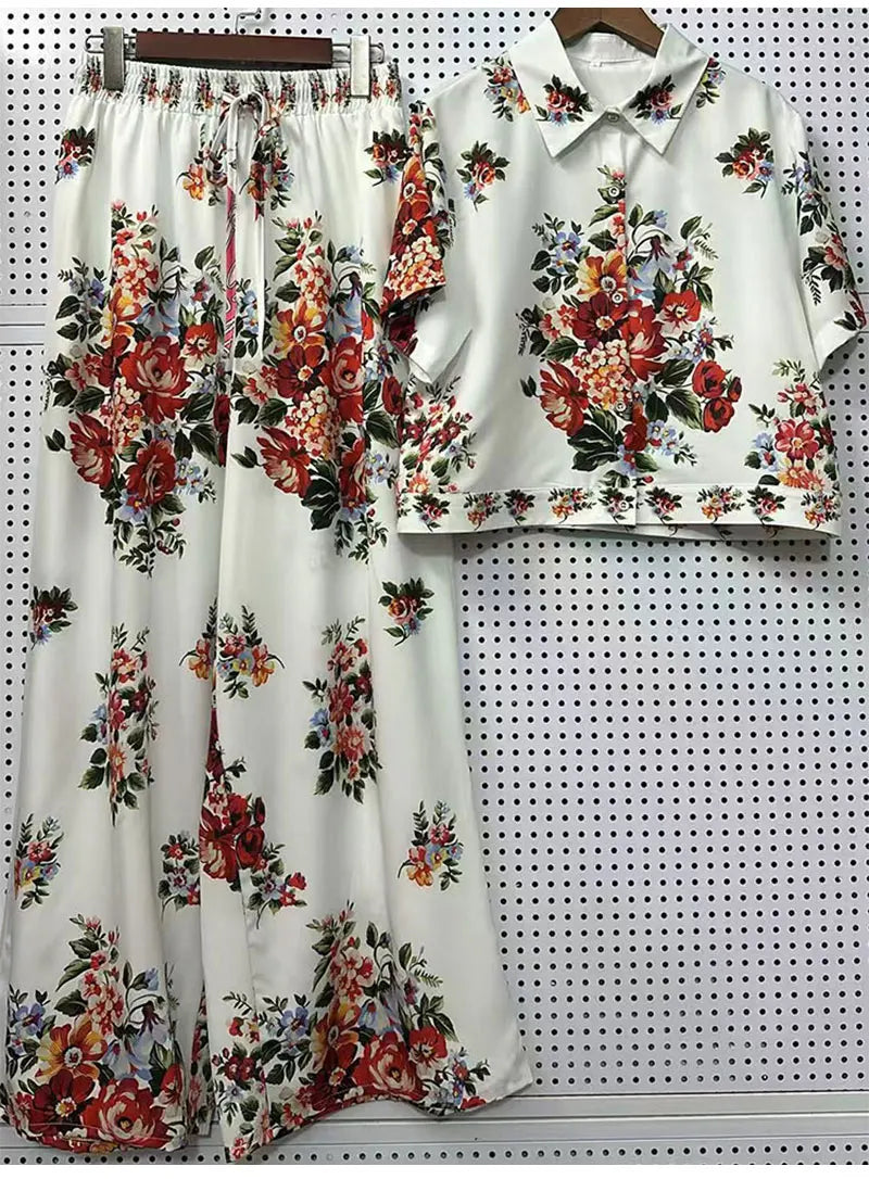 2026 Summer New Fashion Women's Print Suit Lapel Short Sleeve Short Waist Shirt + Elastic Waist Straight Trousers Two-Piece