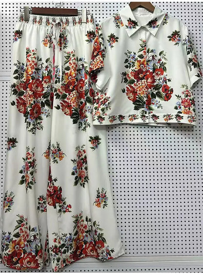 2026 Summer New Fashion Women's Print Suit Lapel Short Sleeve Short Waist Shirt + Elastic Waist Straight Trousers Two-Piece