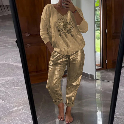 Women's Gold Shining Eye 2 Piece Set Long-Sleeved Top V-Neck Pullover Bronzing Pants Outfit Lace-up Loose Suit Spring Summer
