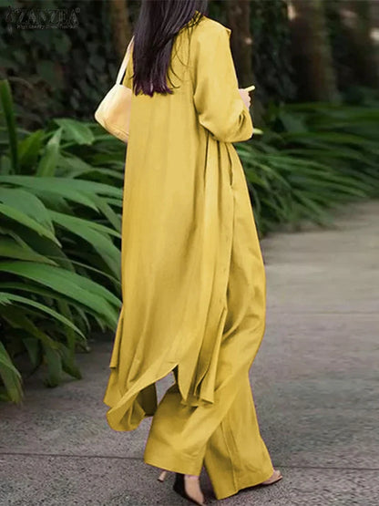 ZANZEA Fashion Autumn Long Sleeve Shirt 2PCS Women Suits Matching Sets Solid Loose Pant Sets Casual Wide Leg Trousers Oversized