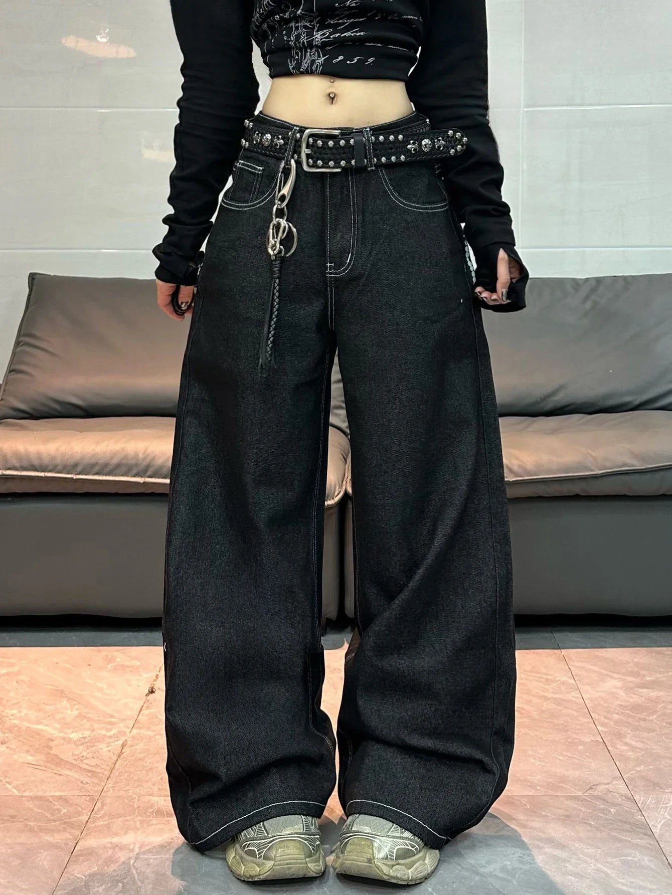 1 Pc American Retro Wing Print Loose Jeans, Street Trend Fashionable