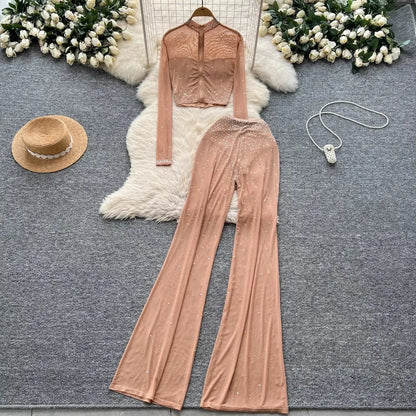 Fashion See Through Mesh Rhinestone Chic Long Sleeve Slim Short Top High Waist Wide Leg Pants Evening High Street Two-piece Sets